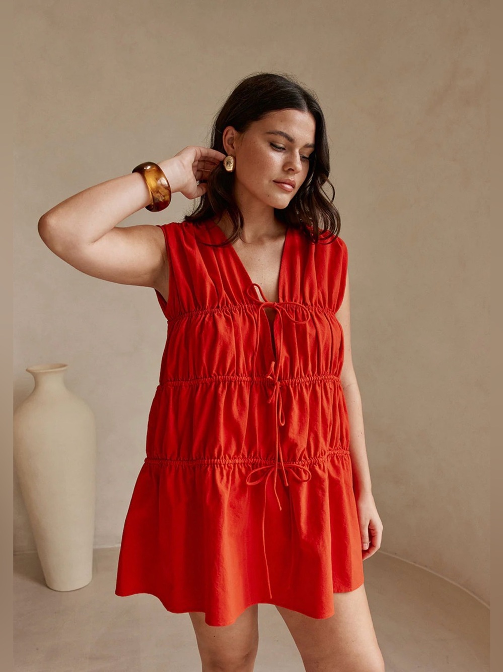 🔘 Sabo Skirt Red Tiered Tie-Front Mini Dress